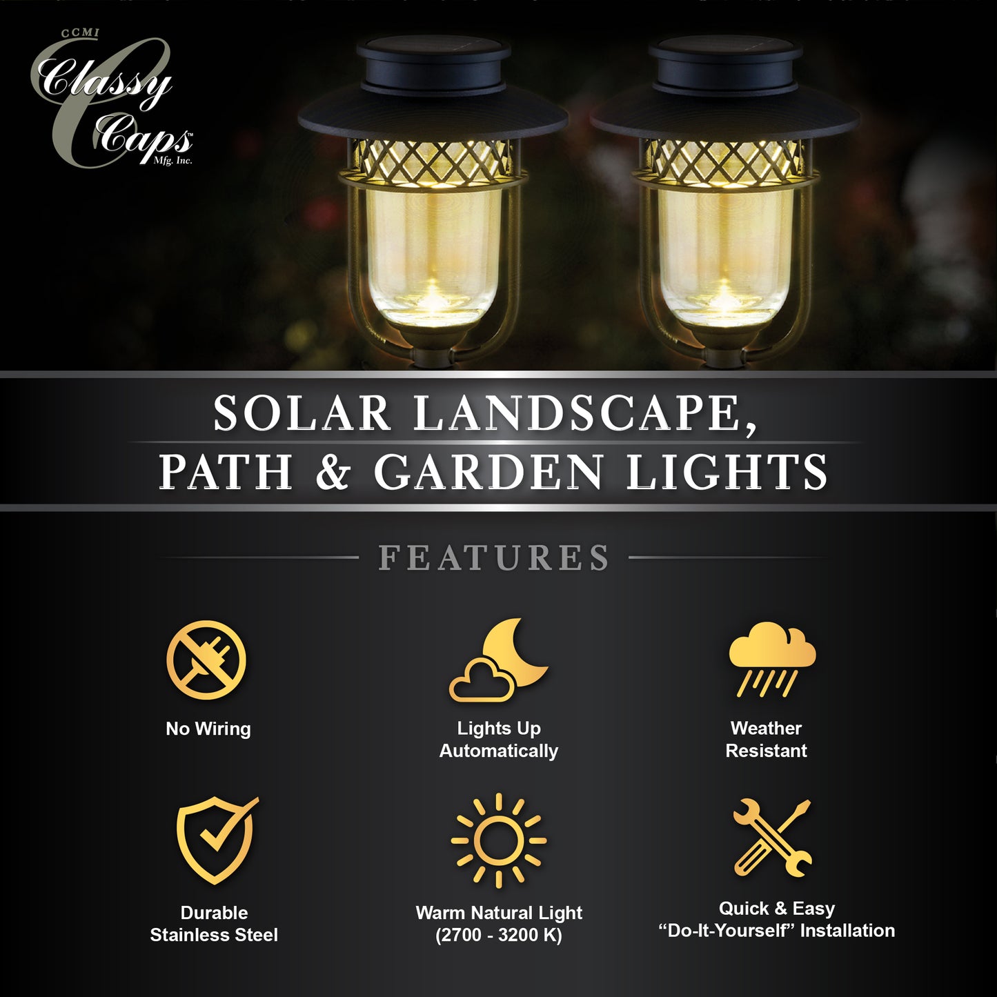 2 Pack Black Stainless Steel Landscape, Solar Pathway Lights & Garden Lights