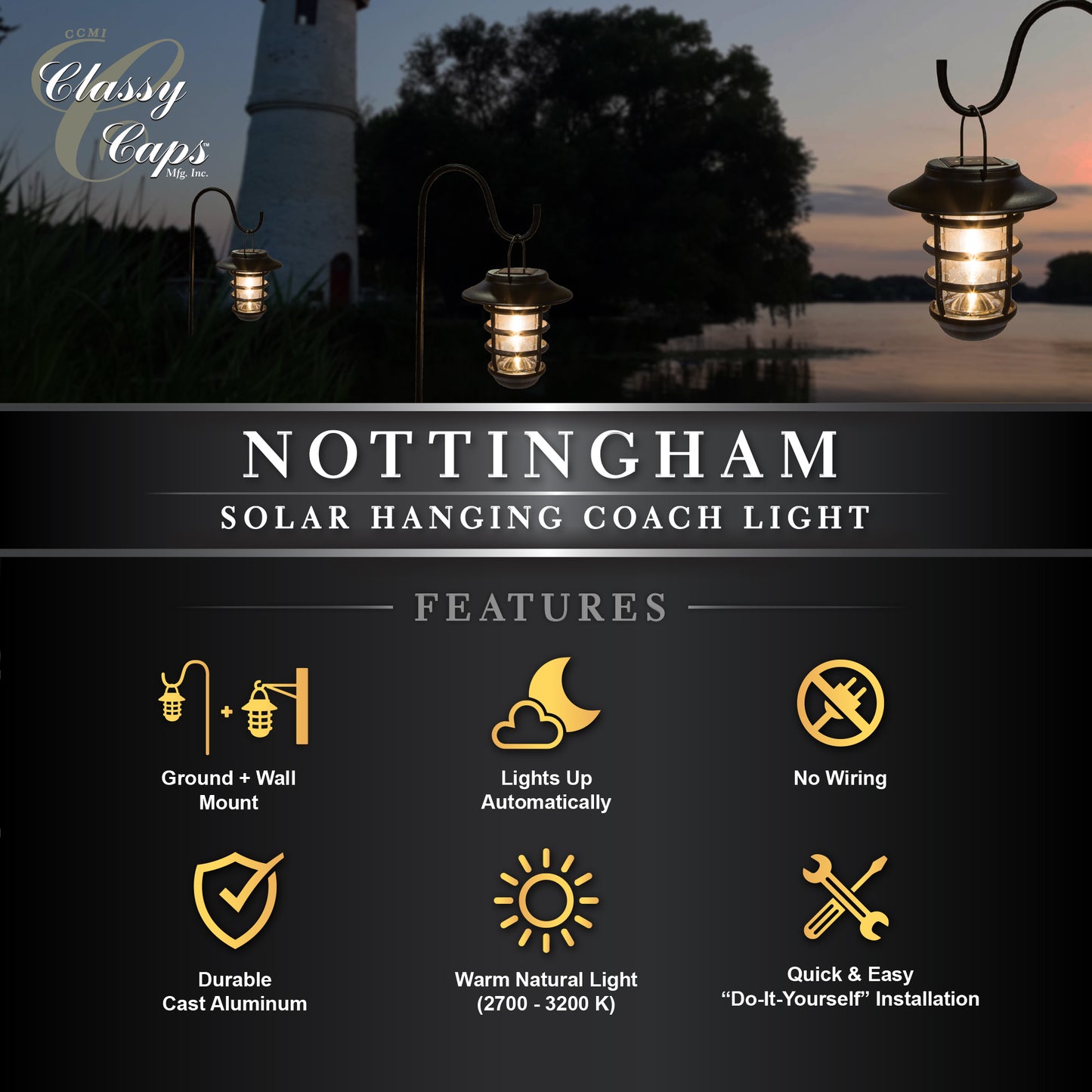 Black Aluminum Nottingham Hanging Coach Solar Lamps