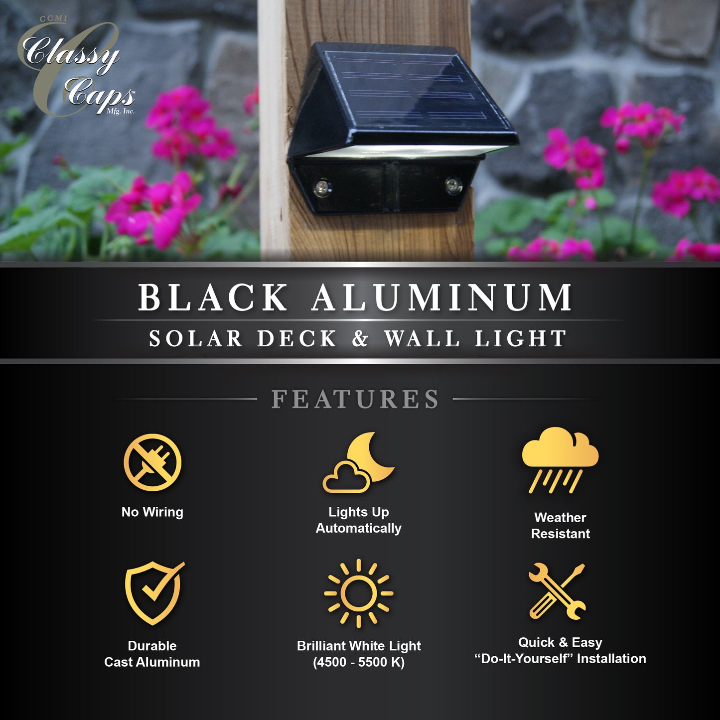 Black Aluminum Deck & Wall Mounted Solar Lights