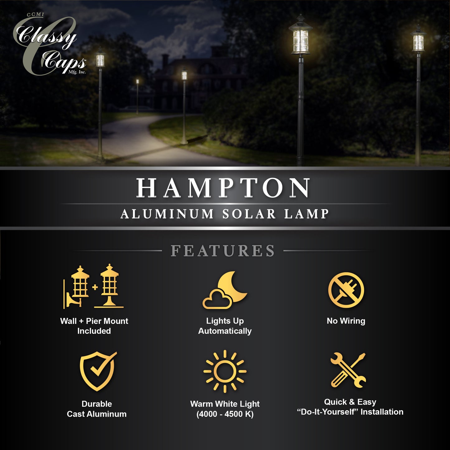 Black Aluminum Hampton Solar Lamps